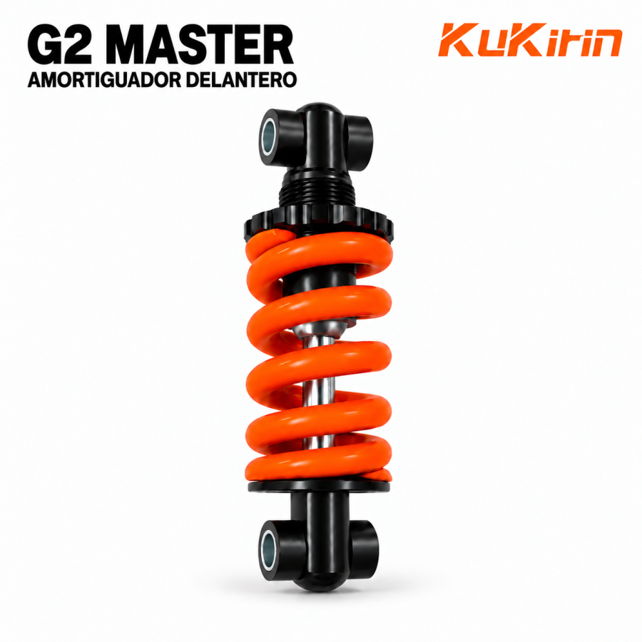Amortiguador delantero para KuKirin G2 Master – RK-G2MASTER-D Amortiguador delantero KuKirin G2 Master, referencia RK-G2MASTER-D, con muelle naranja y cuerpo negro.